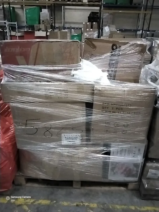 PALLET OF ASSORTED ITEMS INCLUDING LUCKRACER OFFICE CHAIR, WEVAC CHAMBER VACUUM SEAL, BAR STOOLS