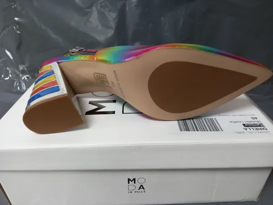 BOXED MODA IN PELLE DINELLA RAINBOW METALLIC LEATHER HIGH HEELS - SIZE 7