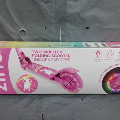 BOXED ZINC TWO WHEELED FOLDING LIGHT UP EXPLORER SCOOTER - UNICORN