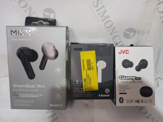 LOT OF APPROXIMATELY 20 ASSORTED HOUSEHOLD ITEMS TO INCLUDE MIXX TRUE WIRELESS STREAMBUDS MINI, ASDA TECH TRUE WIRELESS EARBUDS, JVC GUMY MINI TRUE WIRELESS EARBUDS, ETC