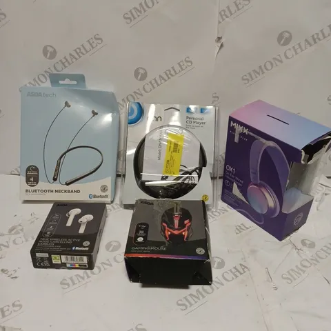 BOX OF APPROX. 20 ITEMS TO INCLUDE MIXX OX1 WIRED HEADPHONES, GAMING MOUSE, TRUE WIRELESS NOISE CANCELLING EARBUDS.