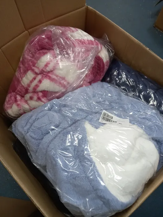 BOX OF ASSORTED CLOTHING ITEMS TOO INCLUDE BAGS , ONSIES, AND PYJAMAS  ETC. 