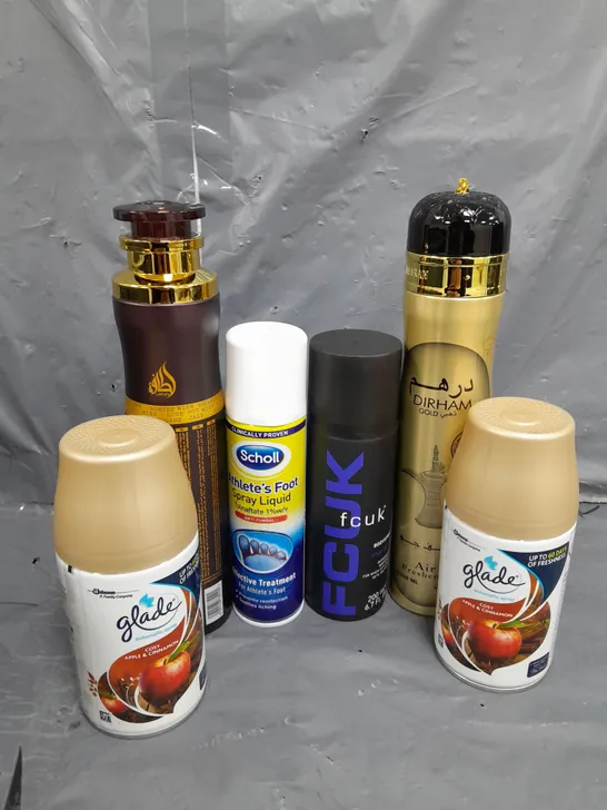 APPROXIMATELY 5 ASSORTED AEROSOLS TO INCLUDE BODY SPRAY , FOOT SPRAY , AUTOMATIC ROOM SPRAY , ETC 