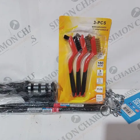 APPROXIMATELY 15 ASSORTED HOUSEHOLD ITEMS TO INCLUDE 3PC WIRE BRUSH SET, BUNTY CHOKER COLLAR, COLD CHISEL, ETC