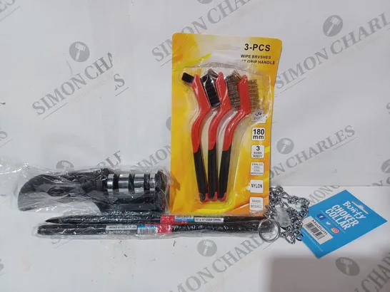 APPROXIMATELY 15 ASSORTED HOUSEHOLD ITEMS TO INCLUDE 3PC WIRE BRUSH SET, BUNTY CHOKER COLLAR, COLD CHISEL, ETC