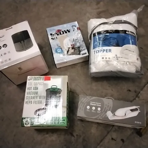 PALLET OF ASSORTED ITEMS INCLUDING AIR FRYER, SNOW SHOVEL, MATTRESS TOPPER, STEAM IRON AND HOT ASH VACUUM