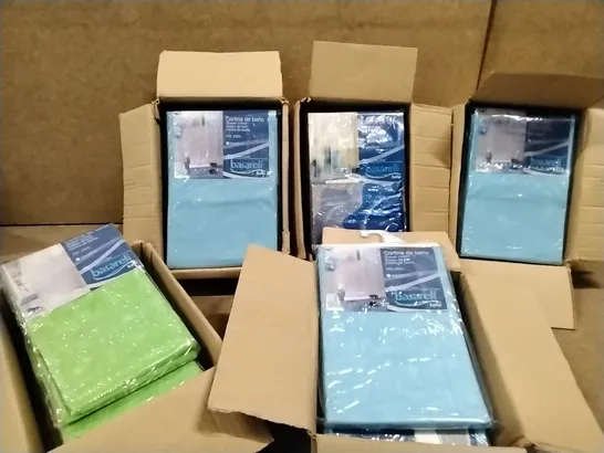 BOX CONTAINING 25 BASARELI PVC SHOWER CURTAINS IN VARIOUS COLOURS 