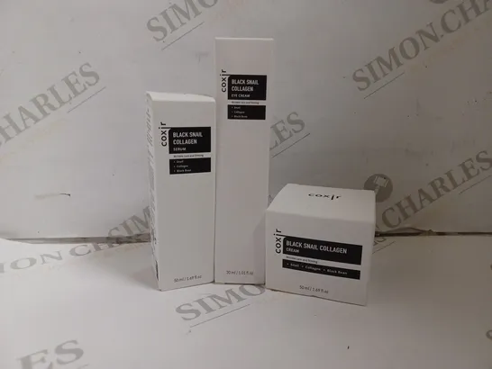 THREE BOXED COXIR BLACK SNAIL COLLAGEN PRODUCTS TO INCLUDE WRINKLE SERUM, EYE CREAM, AND WRINKLE CREAM