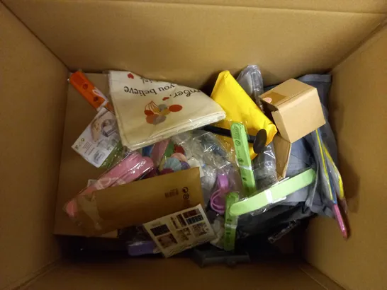 BOX OF APPROX 20 ASSORTED HOUSEHOLD AND CRAFT ITEMS TO INCLUDE PANASONIC TV REMOTE, ASSORTED COLOUR BUNTING, MOBILE PHONE CASE