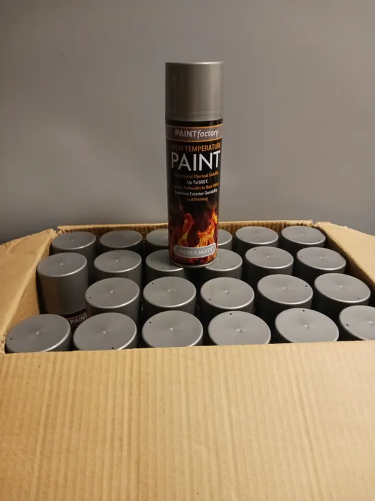 LOT OF 24 PAINT FACTORY HIGH TEMPERATURE SPRAY PAINT SILVER MATT 300ML PER CAN