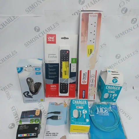 BOX OF APPROXIMATELY 15 ASSORTED ELECTRICAL PRODUCTS TO INCLUDE CHARGING CABLES, LANDLINE PHONE, HEADPHONES ETC