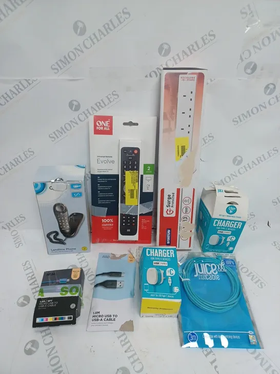 BOX OF APPROXIMATELY 15 ASSORTED ELECTRICAL PRODUCTS TO INCLUDE CHARGING CABLES, LANDLINE PHONE, HEADPHONES ETC