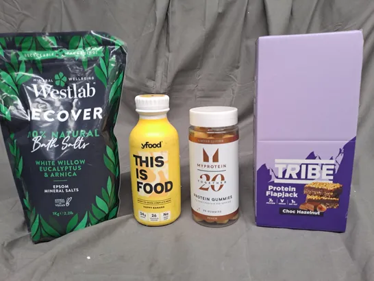 BOX OF APPROXIMATELY 10 ASSORTED ITEMS TO INCLUDE PROTEIN FLAPJACK, PROTEIN GUMMIES, YFOOD BANANA ETC