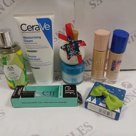 BOX OF APPROXIMATELY 15 ASSORTED COSMETIC ITEMS TO INCLUDE CERAVE MOISTURISER, ELF FLOW FILTER, LIME BODY MIST ETC