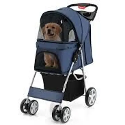 BOXED COSTWAY FOLDABLE 4-WHEEL PET STROLLER WITH STORAGE BASKET - NAVY (1 BOX)