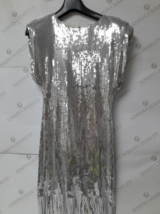 ZARA SILVER SEQUIN DRESS WITH PADDED SHOULDERS AND FRINGE HEM SIZE M RRP £55.99