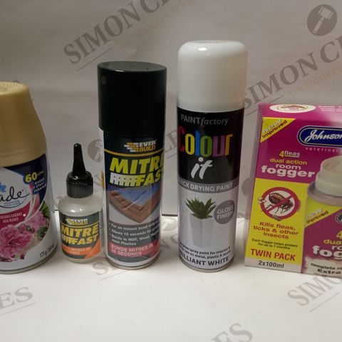 BOX OF APPROX 15 ASSORTED AEROSOLS TO INCLUDE JOHNSONS 4FLEAS ROOM FOGGER SPRAY, GLADE AIR FRESHENER, EVER BUILD MITRE FAST