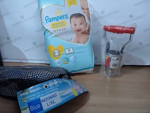 MEDIUM LOT OF ASSORTED HOUSEHOLD ITEMS TO INCLUDE: PAMPERS PREMIUM PROTECTION NAPPIES (4-8KG), AMTECH HAND BULB PLANTER, FREE BREATH FULL DRY SNORKELING MASK ETC 