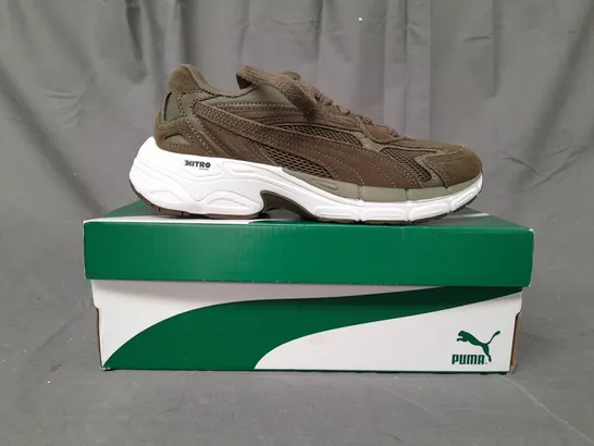 BOXED PAIR OF PUMA TEVERIS NITRO SHOES IN BURNT OLIVE UK SIZE 4