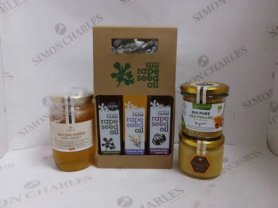 BOX OF 4 ITEMS TO INCLUDE STAINSWICK FARM RAPE SEED OIL COLLECTION, MEDUS RAW HONEY, WILDFLOWER HONEY