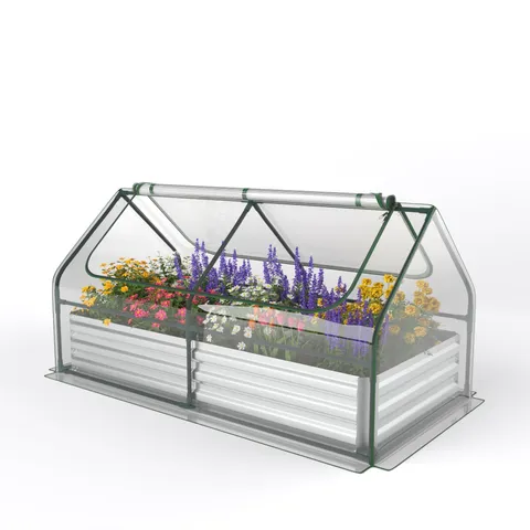 BOXED GIANTEX GALVANIZED STEEL RAISED GARDEN BED WITH MINI GREENHOUSE, OUTDOOR METAL PLANTER BOX KIT WITH LARGE ROLL-UP PVC COVER