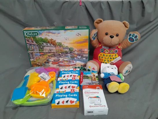 BOX OF ASSORTED TOYS AND GAMES TO INCLUDE TEDDIES, JIGSAWS AND PLAYING CARDS