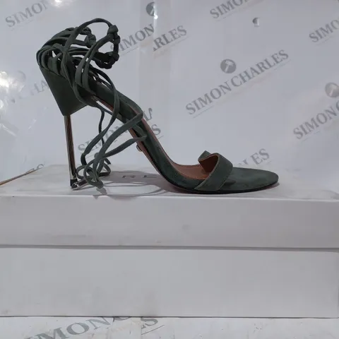 BOXED PAIR OF REISS ZHANE STRAPPY SUEDE HEELS IN GREEN SIZE 6