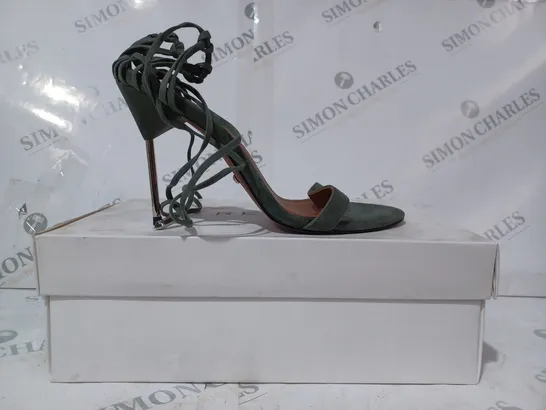 BOXED PAIR OF REISS ZHANE STRAPPY SUEDE HEELS IN GREEN SIZE 6