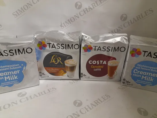 BOX OF APPROX 20 ITEMS TO INCLUDE TASSIMO PODS IN ASSORTED FLAVOURS AND CREAMER FOR MILK