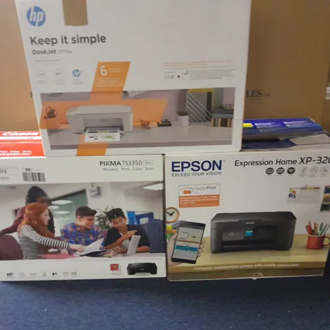 LOT OF 3 ASSORTED BOXED PRINTERS INCLUDES EPSON XP-3200, CANON PIXMA TS3350 AND HP DESKJET 2710E