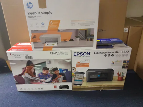 LOT OF 3 ASSORTED BOXED PRINTERS INCLUDES EPSON XP-3200, CANON PIXMA TS3350 AND HP DESKJET 2710E