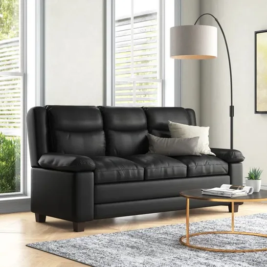 BOXED THREE SEATER VEGAN LEATHER SOFA BLACK