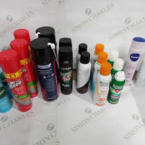 LOT OF APPROX 20 ASSORTED AEROSOLS TO INCLUDE POLISH, SUN CREAM, DEODERANT ETC