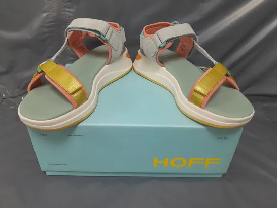 BOXED PAIR OF HOFF OPEN TOE LOW WEDGE SANDALS IN MULTI UK SIZE 6