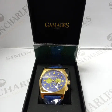 GAMAGES OF LONDON LIMITED EDITION HAND ASSEMBLED RETRO CALIBRE AUTOMATIC WATCH - BLUE/GOLD