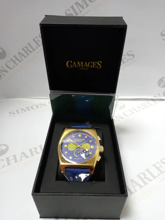 GAMAGES OF LONDON LIMITED EDITION HAND ASSEMBLED RETRO CALIBRE AUTOMATIC WATCH - BLUE/GOLD