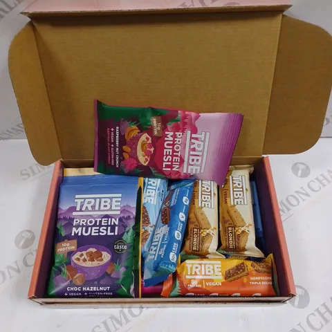 BOXED TRIBE PROTEIN FOOD COLLECTION TO INCLUDE MUESLI, BARS, FLAPJACKS ETC  