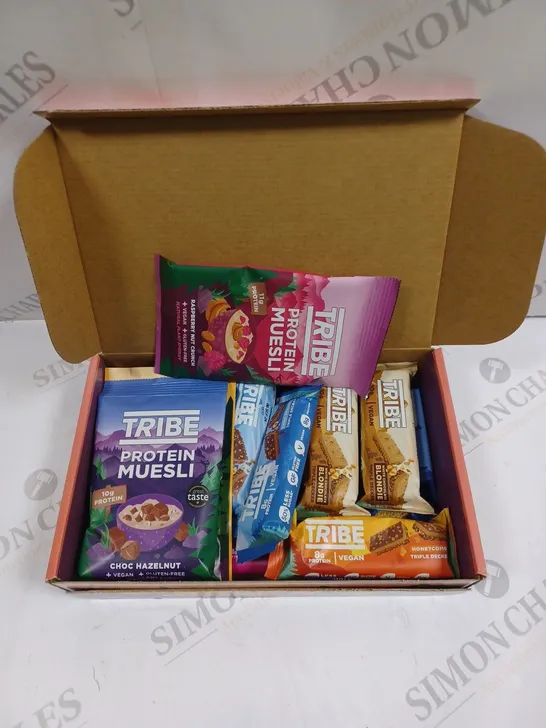 BOXED TRIBE PROTEIN FOOD COLLECTION TO INCLUDE MUESLI, BARS, FLAPJACKS ETC  