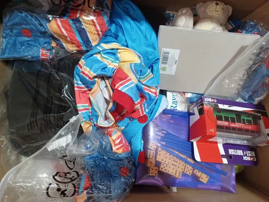 BOX OF APPROXIMATELY 20 ASSORTED TOYS AND GAMES TO INCLUDE WIZARDING WORLD HARRY POTTER STORY CUBES, POLICE ACADEMY ACTION FIGURE, VTECH TOOT-TOOT DRIVERS JJ'S FAMILY CAR, ETC