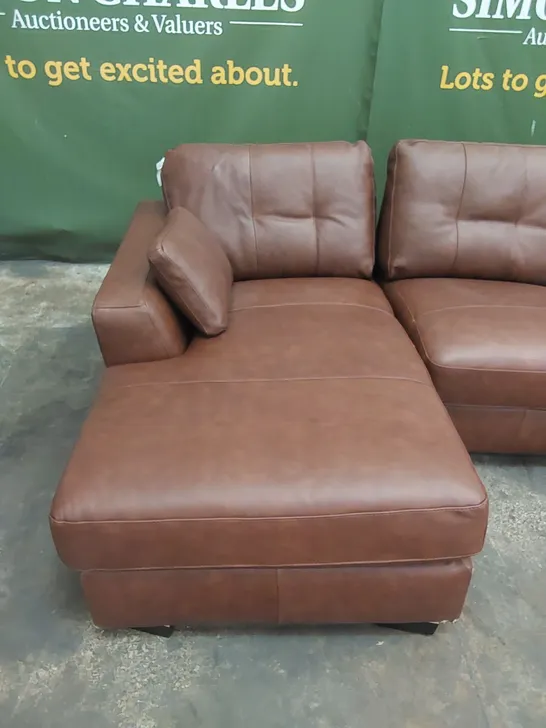 DESIGNER 3 SEATER TAN LEATHER CHAISE SOFA 