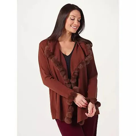 WYNNE COLLECTION FAUX FUR POM POM CARDIGAN- CHOCOLATE SIZE M 