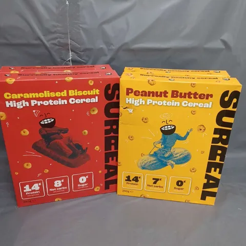 LOT OF 4 BOXES OF SURREAL HIGH PROTEIN CEREAL CARAMELISED BISCUIT AND PEANUT BUTTER