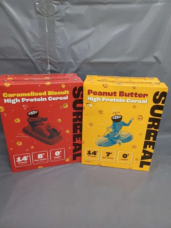 LOT OF 4 BOXES OF SURREAL HIGH PROTEIN CEREAL CARAMELISED BISCUIT AND PEANUT BUTTER