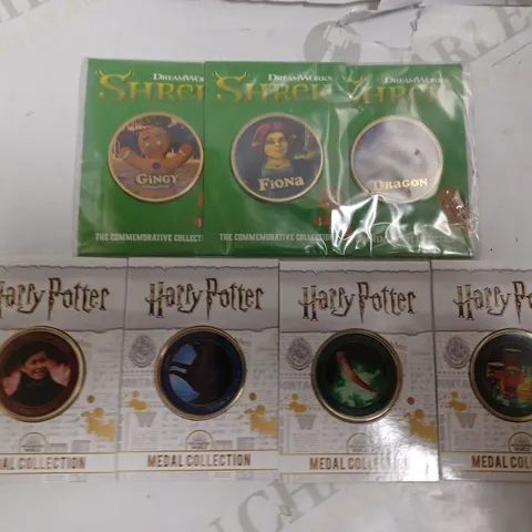 COLLECTION OF APPROX 6 COLLECTABLE FILM COINS INCLUDING SHREK AND HARRY POTTER