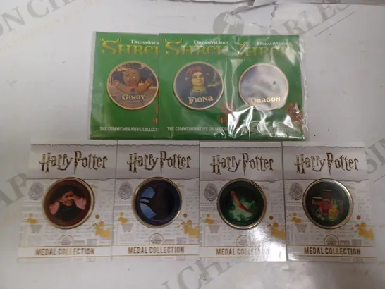 COLLECTION OF APPROX 6 COLLECTABLE FILM COINS INCLUDING SHREK AND HARRY POTTER