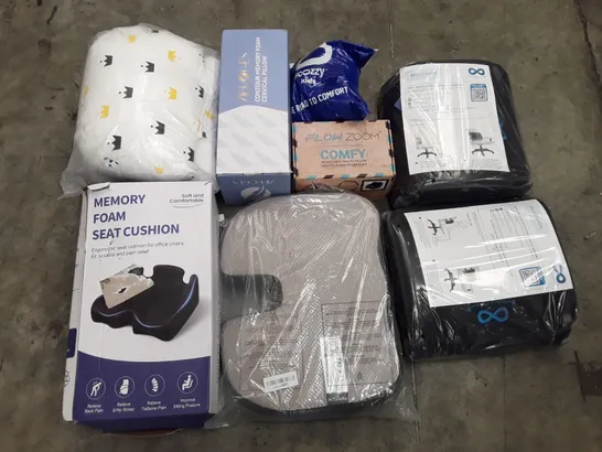 PALLET OF ASSORTED CUSHIONS & PILLOWS INCLUDING BACK CUSHION, MEMORY FOAM SEAT CUSHION, CERVICAL PILLOW, ADJUSTABLE TRAVEL PILLOW