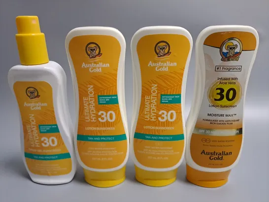 LOT OF 4 AUSTRALIAN GOLD 237ML 30SPF SUN CARE ITEMS INCLUDES LOTION SUNSCREEN AND SPRAY GEL