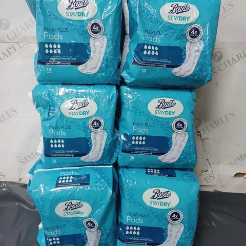 LOT OF 6 (10 PADS PER PACK) BOOTS STAY DRY MAXI PLUS PADS 