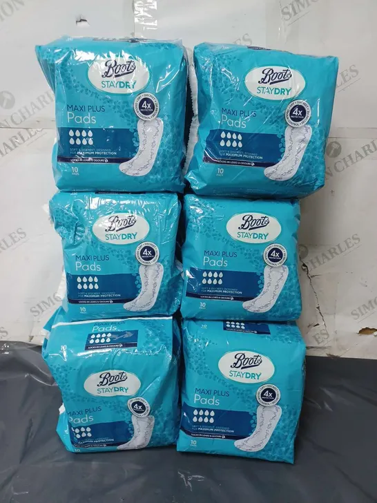 LOT OF 6 (10 PADS PER PACK) BOOTS STAY DRY MAXI PLUS PADS 