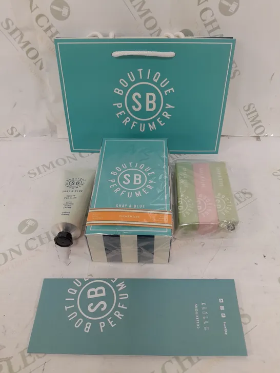 BOXED AND SEALED BOUTIQUE PERFUME SHAY AND BLUE FRESH FRUIT EAU DE PARFUM , WHITE PEACHES HAND CREAM AND EAU DE PARFUM VAPORISATEUR 